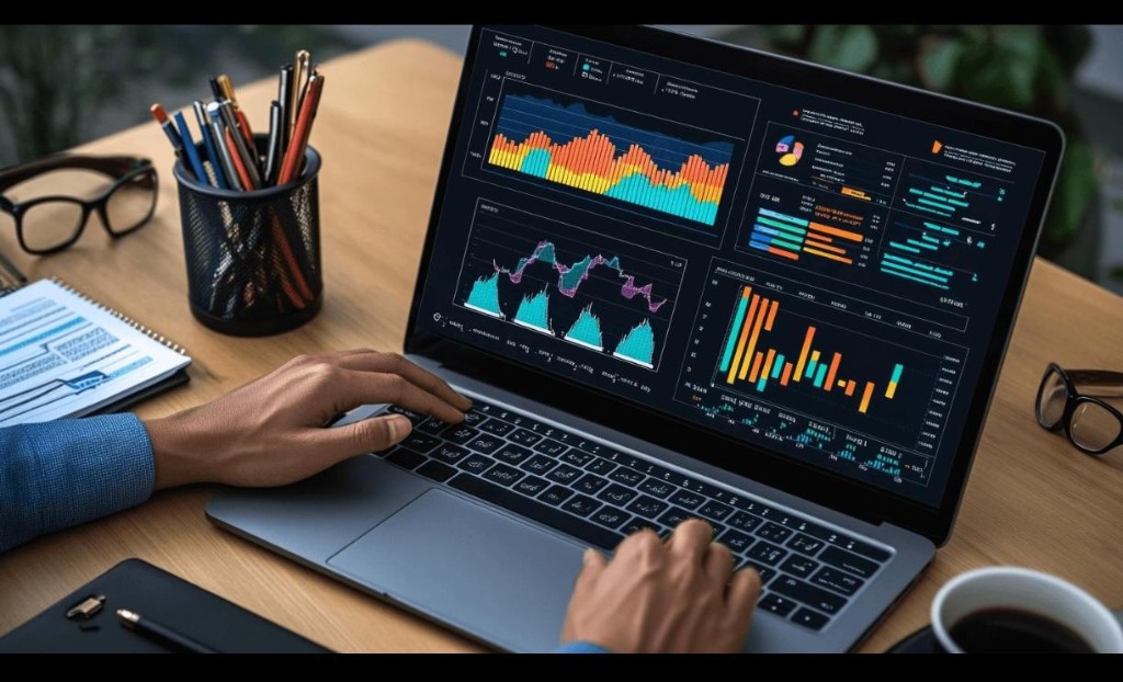 Professional finance workspace with data dashboards
